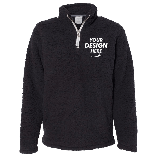 J. America Women’s Epic Sherpa Quarter-Zip Pullover, Black / Black, Front view, Mockup