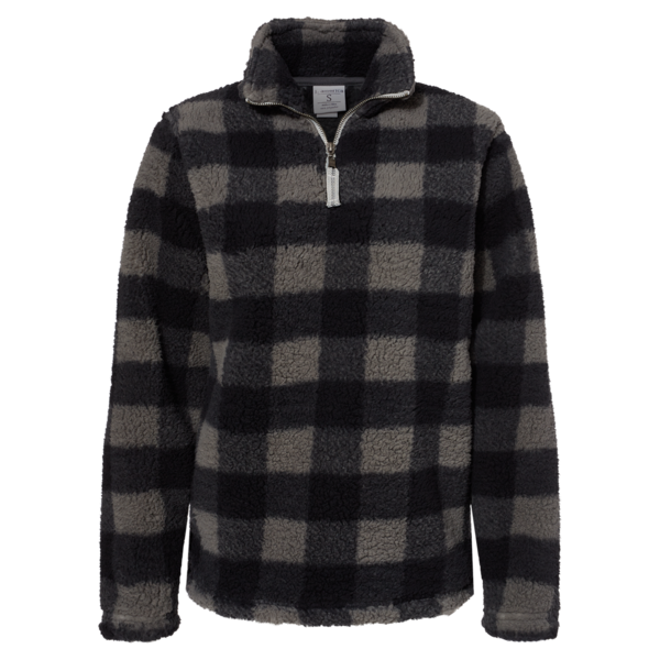 J. America Women’s Epic Sherpa Quarter-Zip Pullover, Black / Charcoal Buffalo, Front view