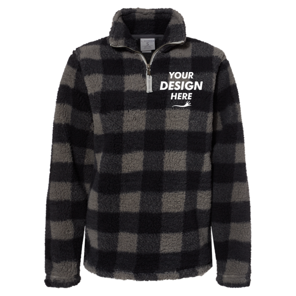 J. America Women’s Epic Sherpa Quarter-Zip Pullover, Black / Charcoal Buffalo, Front view, Mockup