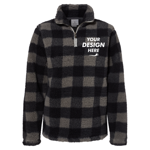 J. America Women’s Epic Sherpa Quarter-Zip Pullover, Black / Charcoal Buffalo, Front view, Mockup