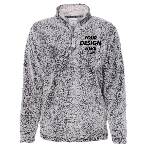 J. America Women’s Epic Sherpa Quarter-Zip Pullover, Black Heather / Black Heather, Front view, Mockup