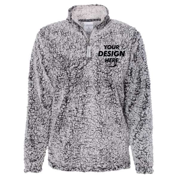J. America Women’s Epic Sherpa Quarter-Zip Pullover, Black Heather / Black Heather, Front view, Mockup