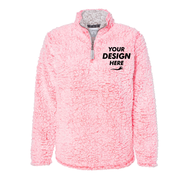J. America Women’s Epic Sherpa Quarter-Zip Pullover, Fire Coral Heather / Fire Coral Heather, Front view, Mockup