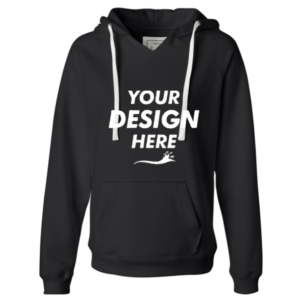 J. America Women's Sueded V-Neck Hooded Sweatshirt, Black, Front view, Mockup