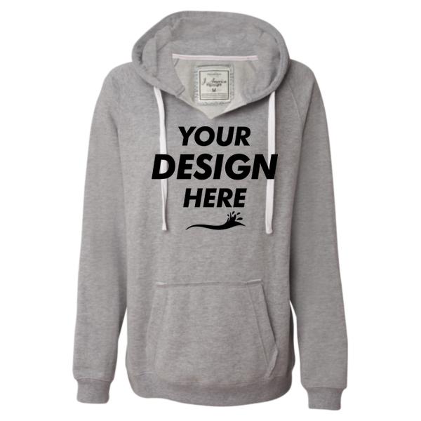 J. America Women's Sueded V-Neck Hooded Sweatshirt, Oxford, Front view, Mockup