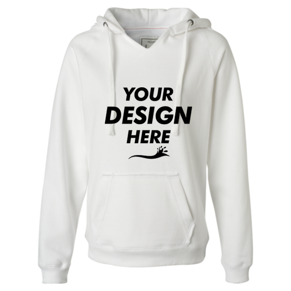 J. America Women's Sueded V-Neck Hooded Sweatshirt, White, Front view, Mockup