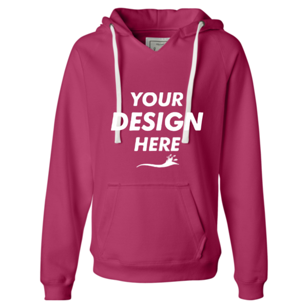 J. America Women's Sueded V-Neck Hooded Sweatshirt, Wildberry, Front view, Mockup