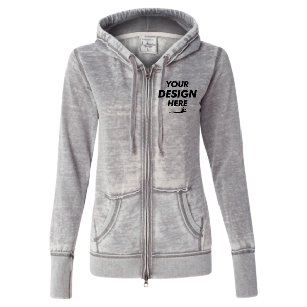 J. America Women's Zen Fleece Full-Zip Hooded Sweatshirt, Cement, Front view, Mockup