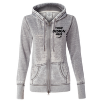 J. America Women's Zen Fleece Full-Zip Hooded Sweatshirt, Cement, Front view, Mockup