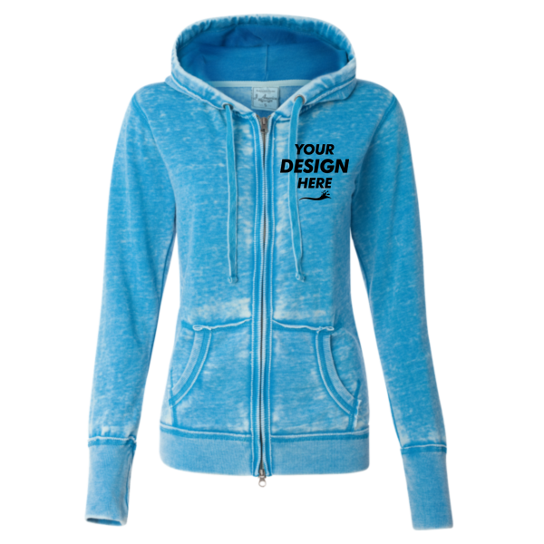 J. America Women's Zen Fleece Full-Zip Hooded Sweatshirt, Oceanberry, Front view, Mockup