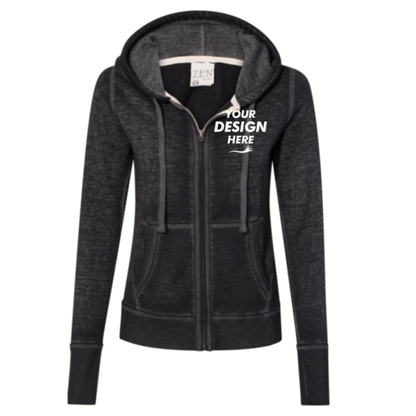 J. America Women's Zen Fleece Full-Zip Hooded Sweatshirt, Twisted Black, Front view, Mockup