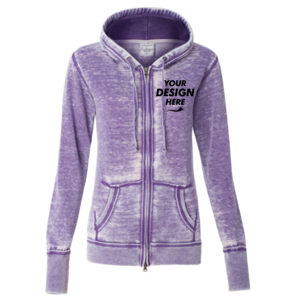 J. America Women's Zen Fleece Full-Zip Hooded Sweatshirt, Very Berry, Front view, Mockup