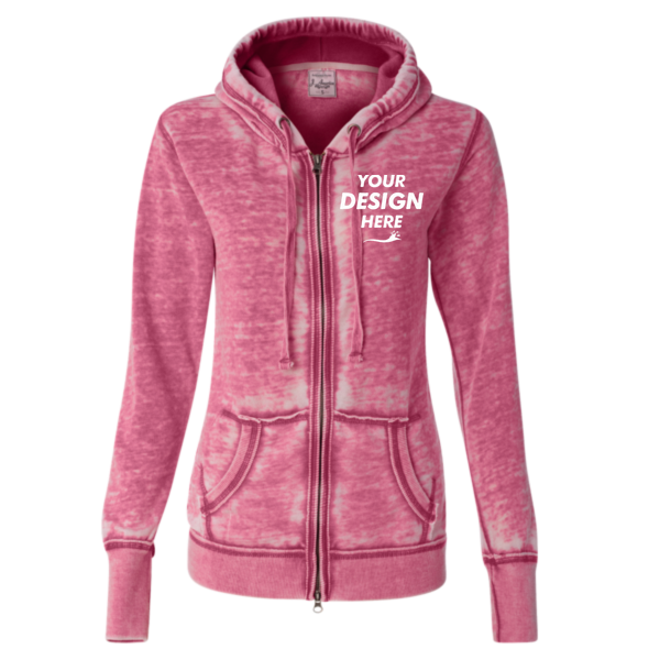 J. America Women's Zen Fleece Full-Zip Hooded Sweatshirt, Wildberry, Front view, Mockup