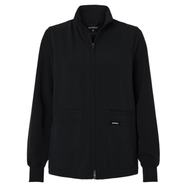 Jaanuu Women's Ceri Essential Full-Zip 6-Pocket Scrub Jacket, Black, Front view