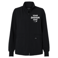 Jaanuu Women's Ceri Essential Full-Zip 6-Pocket Scrub Jacket, Black, Front view, Mockup