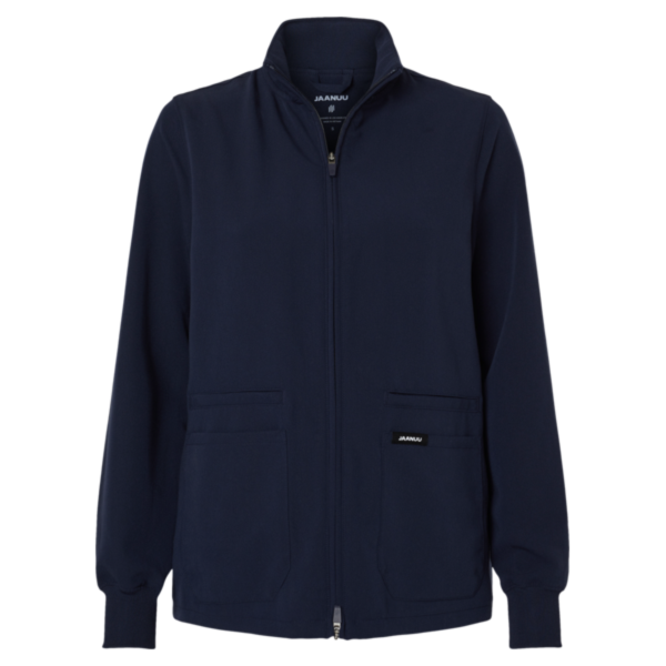 Jaanuu Women's Ceri Essential Full-Zip 6-Pocket Scrub Jacket, Midnight Navy, Front view