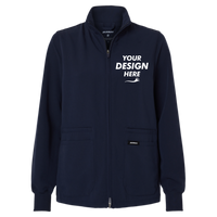 Jaanuu Women's Ceri Essential Full-Zip 6-Pocket Scrub Jacket, Midnight Navy, Front view, Mockup