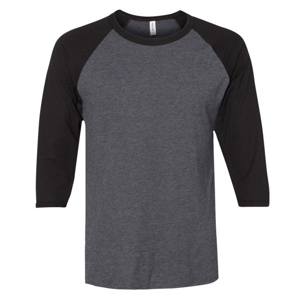Jerzees Premium Blend Ringspun Three-Quarter Sleeve Raglan Baseball T-Shirt, Black Ink Heather / Black Ink, Front view