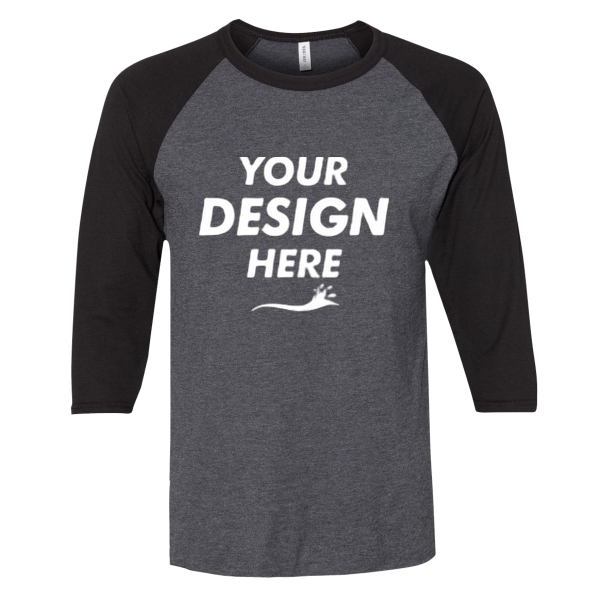 Jerzees Premium Blend Ringspun Three-Quarter Sleeve Raglan Baseball T-Shirt, Black Ink Heather / Black Ink, Front view, Mockup