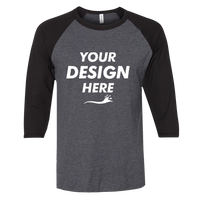 Jerzees Premium Blend Ringspun Three-Quarter Sleeve Raglan Baseball T-Shirt, Black Ink Heather / Black Ink, Front view, Mockup