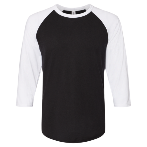 Jerzees Premium Blend Ringspun Three-Quarter Sleeve Raglan Baseball T-Shirt, Black Ink / White, Front view