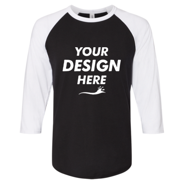 Jerzees Premium Blend Ringspun Three-Quarter Sleeve Raglan Baseball T-Shirt, Black Ink / White, Front view, Mockup