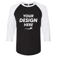 Jerzees Premium Blend Ringspun Three-Quarter Sleeve Raglan Baseball T-Shirt, Black Ink / White, Front view, Mockup