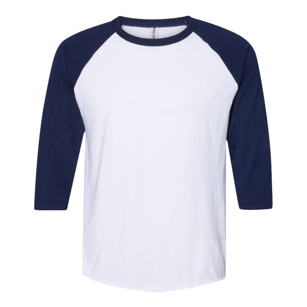 Jerzees Premium Blend Ringspun Three-Quarter Sleeve Raglan Baseball T-Shirt, White / J. Navy, Front view