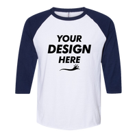 Jerzees Premium Blend Ringspun Three-Quarter Sleeve Raglan Baseball T-Shirt, White / J. Navy, Front view, Mockup