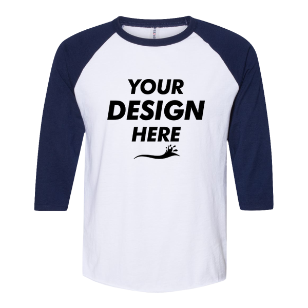 Jerzees Premium Blend Ringspun Three-Quarter Sleeve Raglan Baseball T-Shirt, White / J. Navy, Front view, Mockup