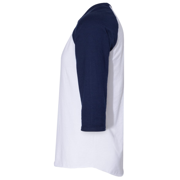 Jerzees Premium Blend Ringspun Three-Quarter Sleeve Raglan Baseball T-Shirt, White / J. Navy, Left Sleeve view
