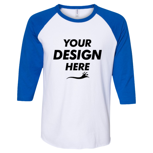 Jerzees Premium Blend Ringspun Three-Quarter Sleeve Raglan Baseball T-Shirt, White / Royal, Front view, Mockup