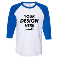 Jerzees Premium Blend Ringspun Three-Quarter Sleeve Raglan Baseball T-Shirt, White / Royal, Front view, Mockup