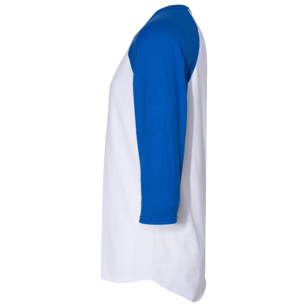 Jerzees Premium Blend Ringspun Three-Quarter Sleeve Raglan Baseball T-Shirt, White / Royal, Left Sleeve view