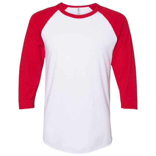 Jerzees Premium Blend Ringspun Three-Quarter Sleeve Raglan Baseball T-Shirt, White / True Red, Front view