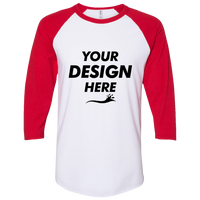 Jerzees Premium Blend Ringspun Three-Quarter Sleeve Raglan Baseball T-Shirt, White / True Red, Front view, Mockup