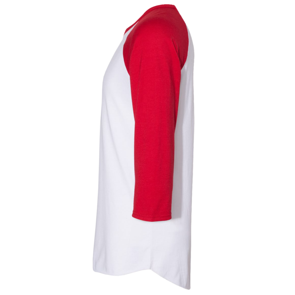 Jerzees Premium Blend Ringspun Three-Quarter Sleeve Raglan Baseball T-Shirt, White / True Red, Left Sleeve view