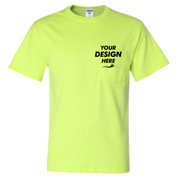 Jerzees Unisex Dri-Power® 50/50 Pocket T-Shirt, Safety Green, Front view, Mockup