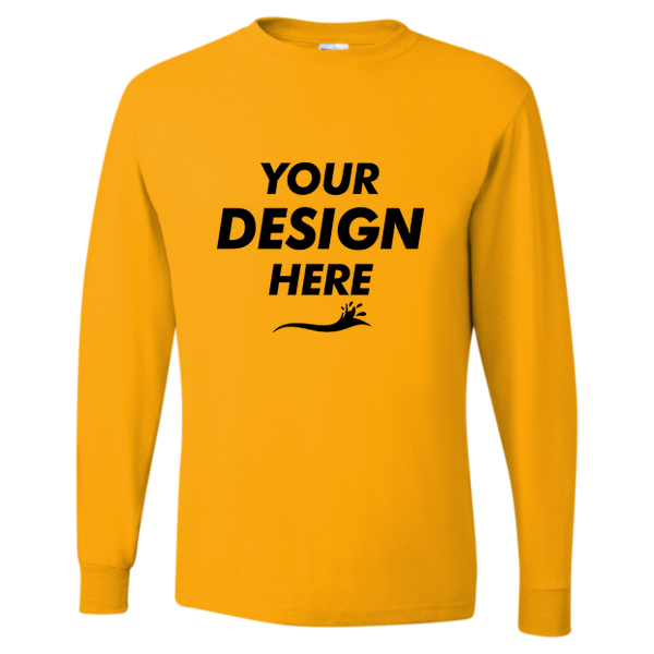 Jerzees Unisex Dri-Power® Long Sleeve 50/50 T-Shirt, Gold, Front view, Mockup