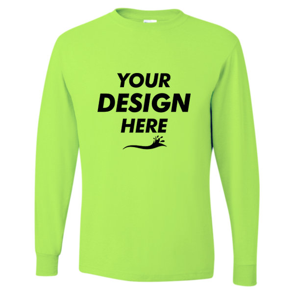 Jerzees Unisex Dri-Power® Long Sleeve 50/50 T-Shirt, Safety Green, Front view, Mockup