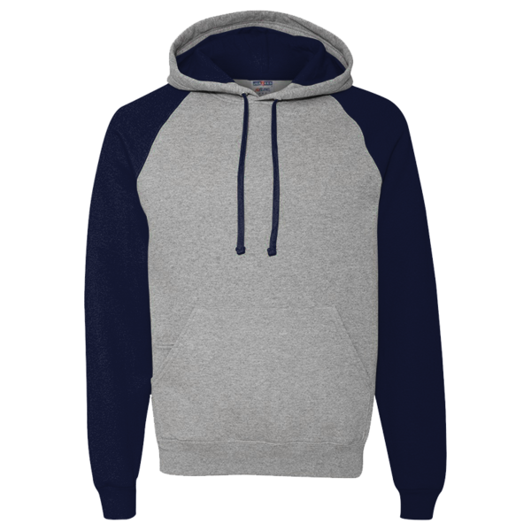 Jerzees Unisex Nublend® Colorblocked Raglan Hooded Sweatshirt, Oxford / J. Navy, Front view