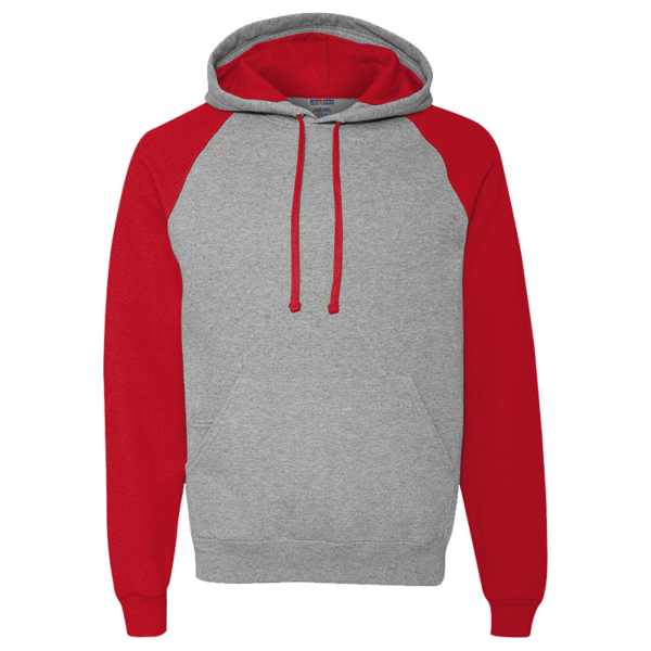 Jerzees Unisex Nublend® Colorblocked Raglan Hooded Sweatshirt, Oxford / True Red, Front view
