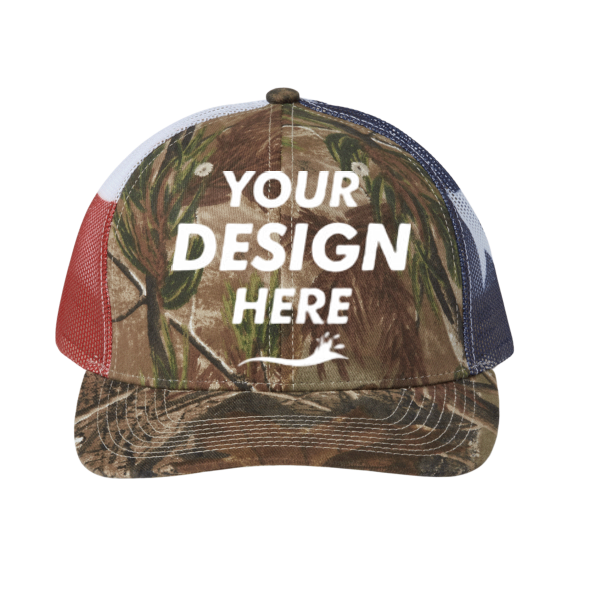 Kati Printed Mesh Trucker Cap, All Purpose / Texas Flag / Texas Flag, Front view, Mockup