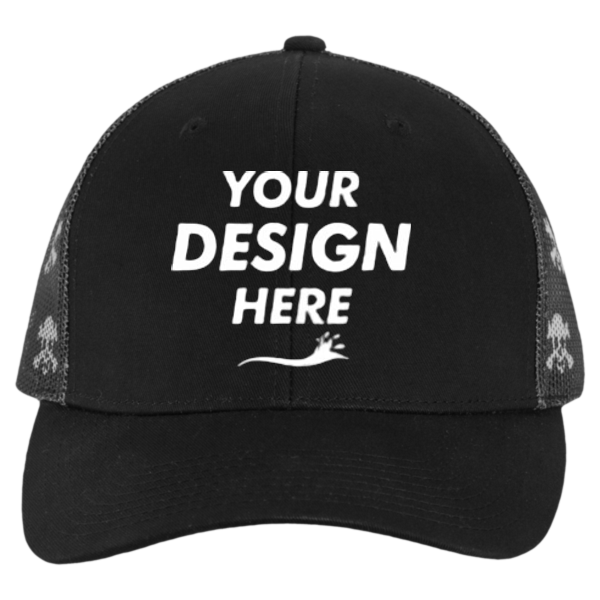 Kati Printed Mesh Trucker Cap, Black / Black / Skull, Front view, Mockup