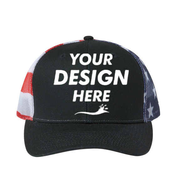 Kati Printed Mesh Trucker Cap, Black / Usa Flag / Usa Flag, Front view, Mockup