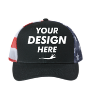 Kati Printed Mesh Trucker Cap, Black / Usa Flag / Usa Flag, Front view, Mockup