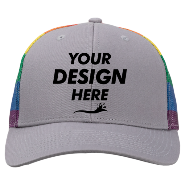 Kati Printed Mesh Trucker Cap, Grey / Rainbow / Rainbow, Front view, Mockup