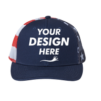 Kati Printed Mesh Trucker Cap, Navy / Usa Flag / Usa Flag, Front view, Mockup