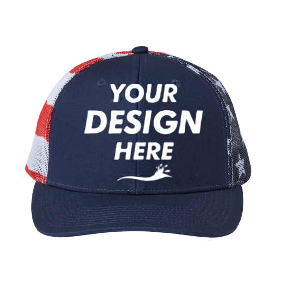 Kati Printed Mesh Trucker Cap, Navy / Usa Flag / Usa Flag, Front view, Mockup