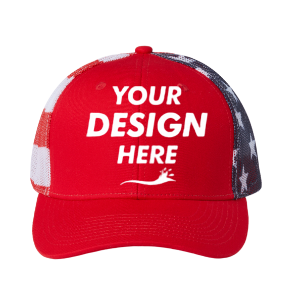 Kati Printed Mesh Trucker Cap, Red / Usa Flag / Usa Flag, Front view, Mockup